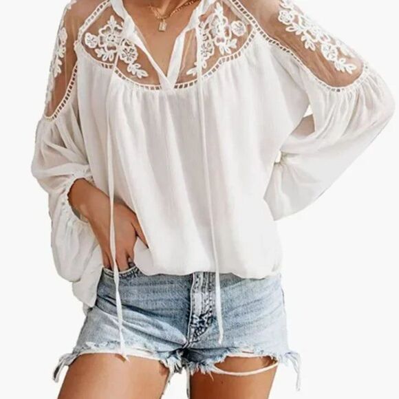 Boho White Lace Cut Out Mesh Off Shoulder Flowy Long Puff Sleeve Top Blouse - Picture 5 of 6